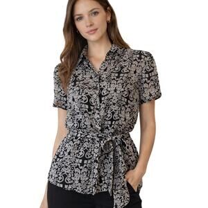 Style & Co. Stylish Belted Blouse Black & Cream Size 12